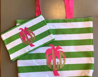 Monogramed palm tree beach tote