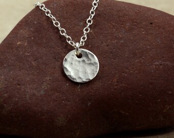 Small Hammered Silver Disc Necklace with Sterling Silver Chain, Hammered Silver Necklace, Sterling Silver Necklace, Silver Chain Necklace