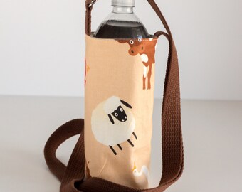 Farm Animals Water Bottle Sling, Cow, Sheep, Pig, Chicken, Goose Water Bottle Holder, Crossbody, Brown and Gray Cotton Fabrics, Handmade