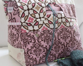 Pink and white, Knitting Bag, patchwork, hand-made, large, Vinyl Yarn Dispensing Interior, Storage, 12 pockets, Diaper bag, yarn, crochet
