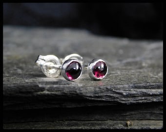 January birthstone earrings - Natural pink garnet gemstone cabochon, 5mm, sterling silver bezel, second earrings, 234