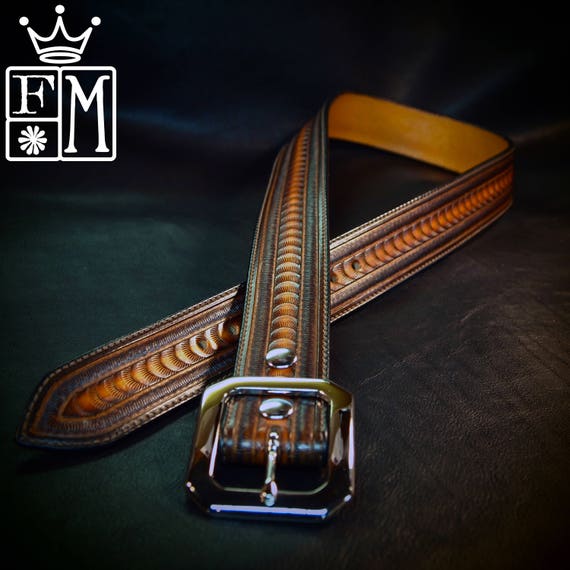 Leather belt stamped and tooled Rich sunburst finish made for YOU in New YorkC USA by Freddie Matara