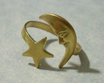 Vintage Brass Moon and Star Ring Adjustable Moon Ring Brass Ring