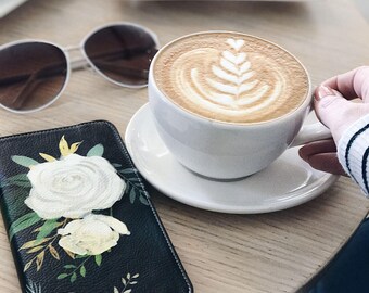 Floral iPhone X Wallet Case iPhone 8 Plus, Watercolor White Roses on Black, iPhone 7 Plus Womens Wallet, iPhone 6S Card Case