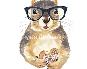 Watercolor PRINT - Nerdy Squirrel Painting, Sprinkle Donut, Hipster Glasses, Food Art, Nursery Decor