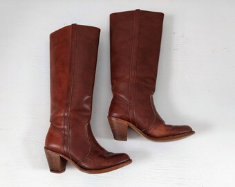 Vintage Dexter leather boots, stacked heel boots, tall western boots, size 7 1/2