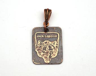 Jack London bookplate wolf pendant, small rectangular flat copper jewelry, etched metal, optional necklace, 25mm