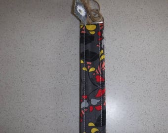 Handmade. Charcoal Grey, Black, Orange, Red, and Yellow Floral Key Fob, Key Chain, Key Lanyard