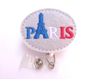 SALE - Badge reel id holder Retractable badge holder - nurse badge reel - Paris - grey felt - nurse badge holder medical badge reel