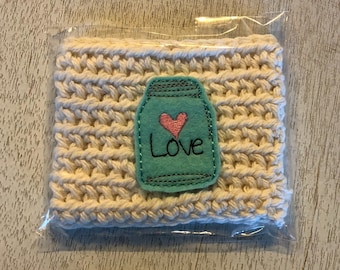 White or Majestic Colored Love Firefly Mason Jar Crochet Coffee Cozy, Drink Sleeve