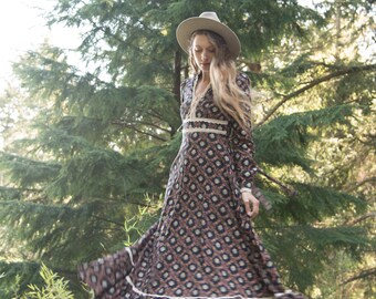 70s Maxi Dress, Long Sleeve Gunne Sax Cotton Prairie Dress, High Collar Lace up Dress, Crochet Boho Dress, 1970s Hippie Dress Festival Dress