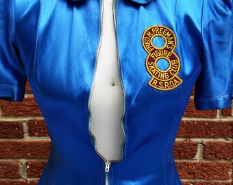 Vintage 1950s 60s Figure Skating Club Dress // Vtg Ice Skater Costume // Blue Satin Circle Skirt