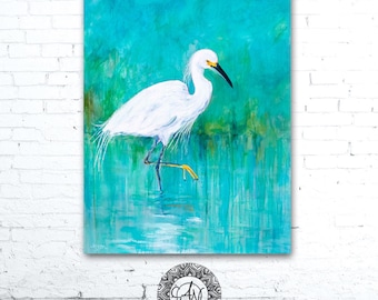Egret Painting, Bird Art Print, Egret Print, Turquoise Painting, Snowy Egret, Bird Print, Bird Artwork, Wildlife Art, Wildlife Print