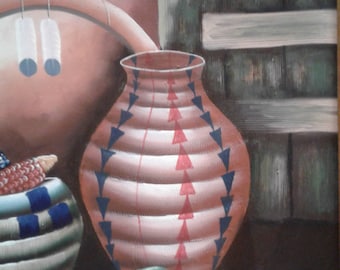 Vintage Native American/ Southwestern Oil On Canvas/ Dreamcatcher/ Pottery/ Indian Corn/Signed