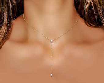 Genuine Natural Lariat Diamond Drop Necklace, Solitaire Diamond Necklace