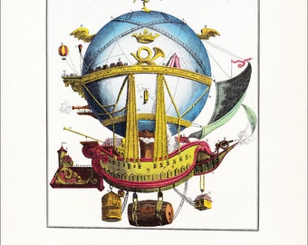 Vintage Balloon Print hot air balloon Mail transport Montgolfier air travel 7 x 9.25 inches