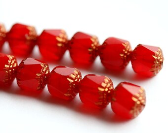 10mm Red cathedral beads, czech glass golden ends - large red beads, 10Pc - 1016