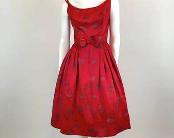 Vintage 1950's Red Satin Metallic Floral Evening Dress