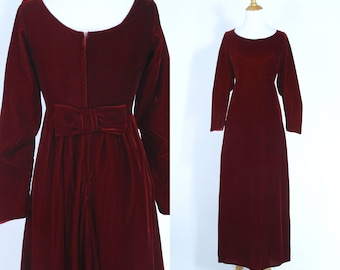 Vintage 1960s Dress | 60s Burgundy Velvet Maxi Evening Gown | Red | Medium M