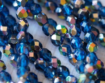 6mm Capri Blue Vitral Firepolished beads - Czech Glass Beads - Bead Soup Beads