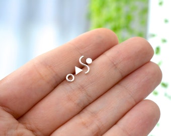Tiny studs earrings in sterling silver or brass memphis design dot earring circle stud wave stud triangle stud nickel free stud earrings