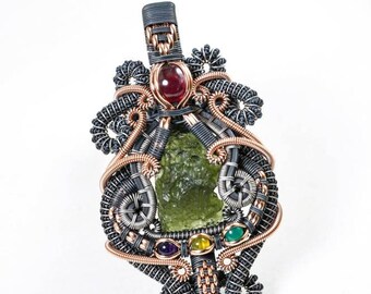 Moldavite, Ruby, Amethyst, Chalcedony, and Green Onyx Pendant