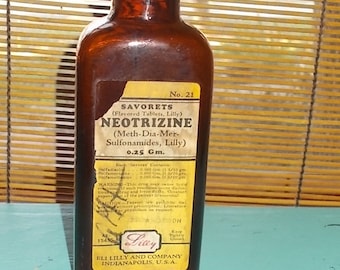 Vintage Brown Apothecary / Medicine Bottle-NEOTRIZINE-Ely Lilly-Metal Top-Empty