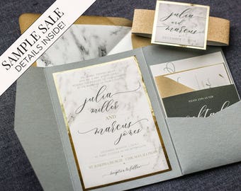 Wedding Invitation, Marble and Gold Foil Invitations, Calligraphy Script Pocketfold with Glitter, Luxury Set - Modern Elegance PF-1L SAMPLE