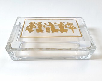 Bohemian Adolf Beckert Czech Curt Schlevogt Ingrid Art Deco Cut Glass Dose with Gold Dancing Ladies