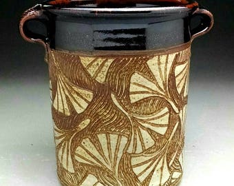 Ginkgo Leaf Design Wine Cooler / Utensil Jar with Handles - Made to Order