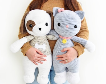 TWO CROCHET PATTERNS in English and Spanish - Thomas the Dog and Frida the Cat - 21.5 in./55 cm. tall - Amigurumi - Instant Pdf Download