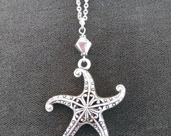 Silver Cyrstal Long Starfish Necklace