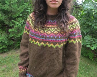 Brown wool handknit fair isle sweater