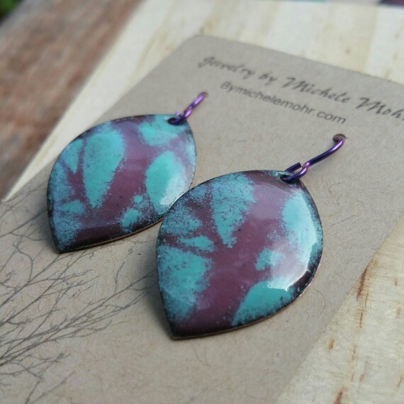 Orchid and Aqua Blue Vitreous Enamel Copper Leaf Earrings