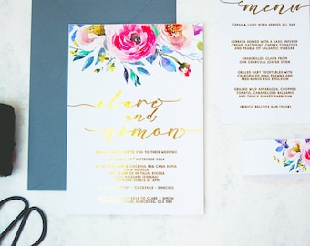 Floral print wedding invitation, Flower wedding invite, Watercolour wedding invitation, Gold foil wedding invitation