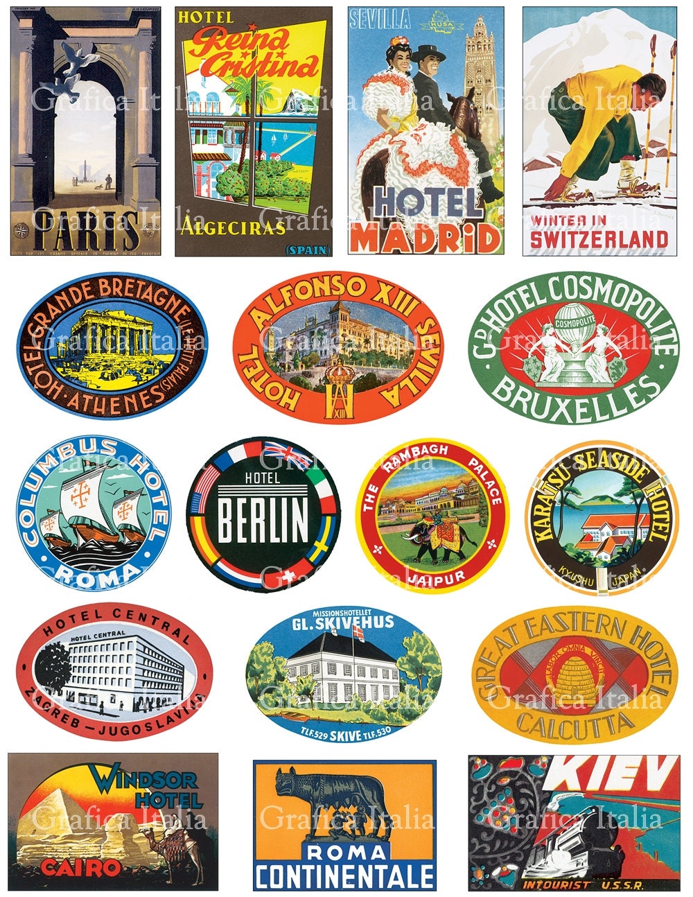 17 International Travel Clip Art Vintage Luggage Labels