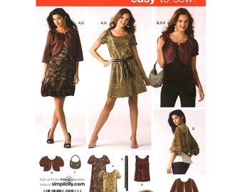 Scoop Neck Dress Pattern Top Jacket Shrug Simplicity 3533 Belt & Bag Womens Sewing Pattern Size 6 to 14 UNCUT