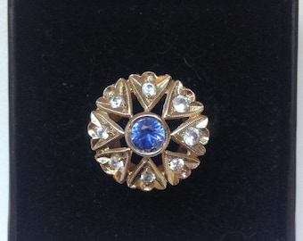 Vintage 14K Gold Blue Sapphire Ring Art Deco Cocktail Ring Star and Leaves Shape