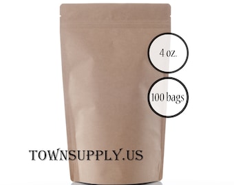 100 - 4 oz. Kraft stand up pouches, food safe packaging, resealable zip pouch, recloseable package, ziplock coffee bags, tea shop supply