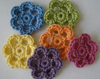 Rainbow of Crocheted Flowers - Six Petal Cotton Flowers - Crocheted Flower Appliques - Crocheted Flower Embellishments - Set of 6