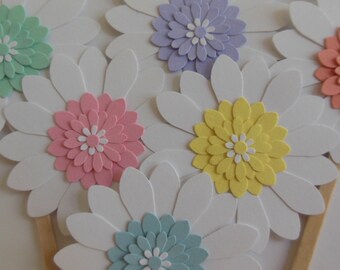 Flower Cupcake Toppers - White Daisies with Pastel Centers - Birthday Decorations - Bridal Showers - Baby Showers - Set of 6