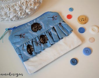 Blue Floral and Hedgehog Printed Frilly Ruffle Coin Purse