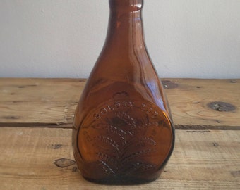 Vintage Golden Rod Amber Glass Bottle with Raised Wheat Relief, Museum Editions Ltd, No Cork Stopper, Collectible Glass Bottle