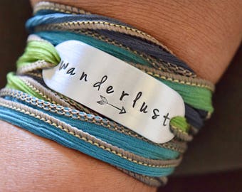 Wanderlust Hand Stamped Ribbon Wrap Bracelet~Bohemian Wrap~
