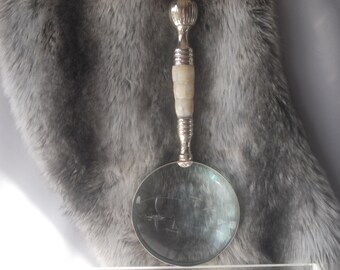 Large Magnifying Glass, Mother of Pearl Handle, Silver Plate over Chrome, Stunning Handle, Magnifies X 2, Read Fine Detail, Vintage Glass.