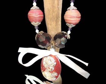 Necklace red long glass beads and polymer