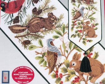 WINTER WILDLIFE BELLPULL Crewel Embroidery Kit Cardinal Chipmunk Rabbit Pine Holly