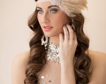 Great gatsby headpiece, Silver 1920s flapper headband, Gatsby dress. Gatsby headpiece, Daisy Buchanan costume, Beige Feather Fascinator