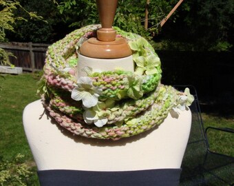 SALE spring garden handknit and handspun winter cowl