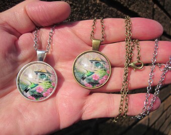 Sale! HUMMINGBIRD & GAZEBO Glass CAMEO cabochon pendant + chain!